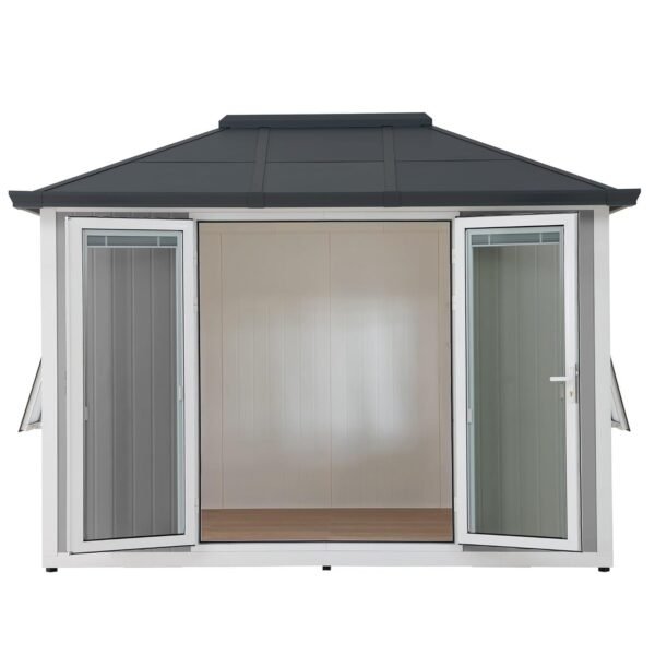 Sunjoy Office Shed for Outdoor, Tiny House 10'x12.6' She Shed, Backyard Office, Multipurpose Outdoor Room, Home Gym with Floor, 2 Windows and Lockable Doors