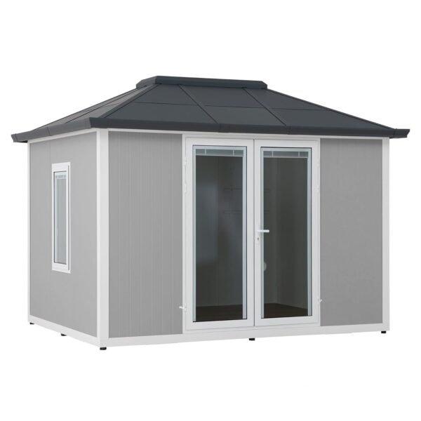 Sunjoy Office Shed for Outdoor, Tiny House 10'x12.6' She Shed, Backyard Office, Multipurpose Outdoor Room, Home Gym with Floor, 2 Windows and Lockable Doors
