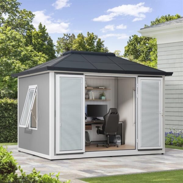 Sunjoy Office Shed for Outdoor, Tiny House 10'x12.6' She Shed, Backyard Office, Multipurpose Outdoor Room, Home Gym with Floor, 2 Windows and Lockable Doors