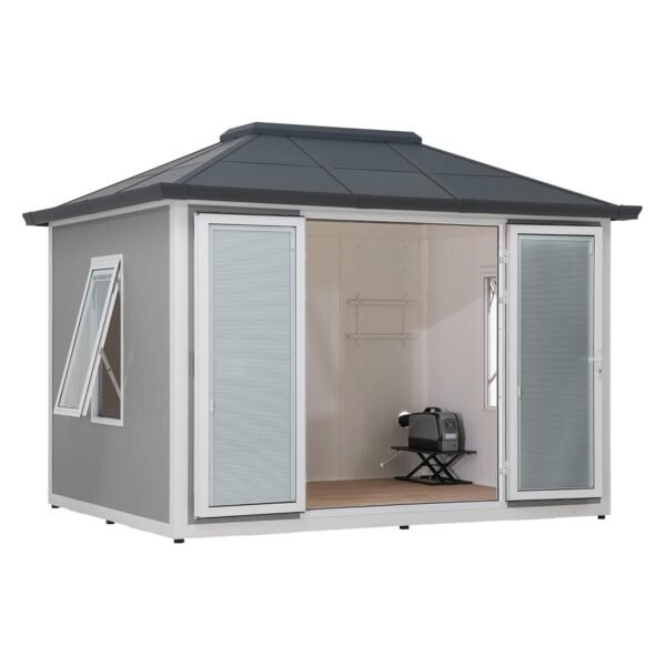 Sunjoy Office Shed for Outdoor, Tiny House 10'x12.6' She Shed, Backyard Office, Multipurpose Outdoor Room, Home Gym with Floor, 2 Windows and Lockable Doors