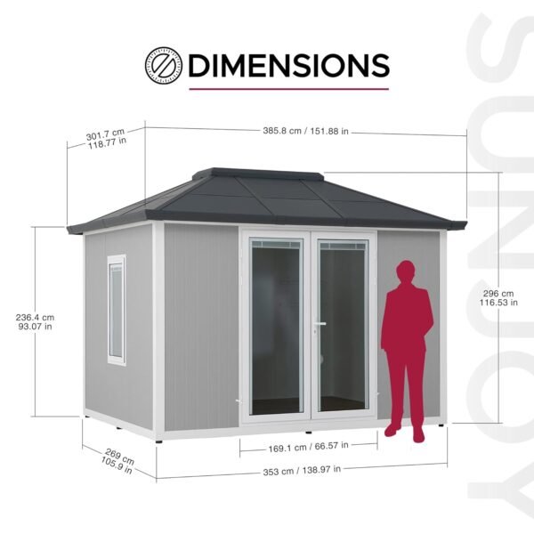 Sunjoy Office Shed for Outdoor, Tiny House 10'x12.6' She Shed, Backyard Office, Multipurpose Outdoor Room, Home Gym with Floor, 2 Windows and Lockable Doors